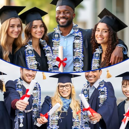 Graduation Candy Lei Making Kit Class of 2026 DIY Lei PE Bags Tubing Money Leis 2026 Graduation Ribbon Necklace Include 2 x 5 ft PE Bags 90 Pcs Flower Accessories for Grad Party Supplies (Blue, White) - color: Blue, White