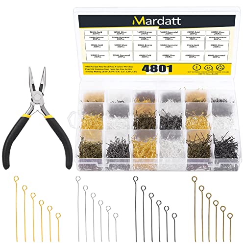 4801 Pcs 6 Size Open Eyepins Assortment Set and Pliers with Store Case in Gold, Silver, Bronze, Gun Metal Open Eye Pins Findings for DIY Earrings, Bracelet, Pendant Jewelry Making
