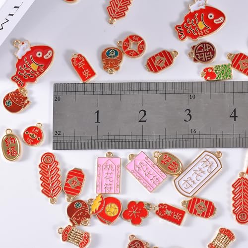 Bulk Gold Enamel Charms for Jewelry Making, Colorful Metal Charms Pendant for Bracelet Necklace and Crafting - color: Chinese Style Red