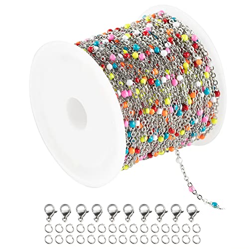 UMAOKANG 33 Feet/10M Silver Jewelry Chains Soldered 304 Colorful Beaded Stainless Steel Link Cable Chain Necklace Bulk for Jewelry Making with 10 Lobster Clasps and 30 Jump Rings - color: Colorful Bead-Steel