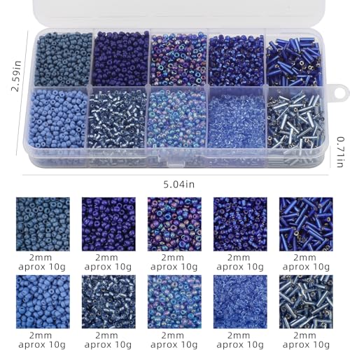 Approx 5000pcs 12/0 Glass Seed Beads for Jewelry Making, 2mm Mix 10 Colors Tube Bead Glass Bugle Bead Waist Beads Kit for Bracelets Necklaces Earrings DIY Supplies (Dark Blue) - color: Dark Blue