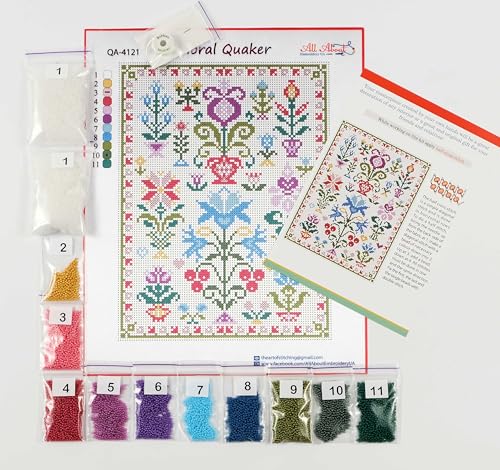 AllAboutEmbroideryUA Bead Embroidery kit Floral Quaker QA-4121 Beaded Cross Stitch Sampler