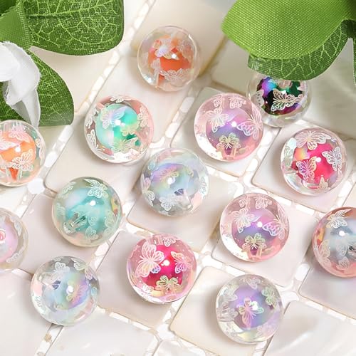 15Pcs Acrylic Beads Round 16mm UV Bead in Bead with Butterfly Print Fit for DIY Jewelry Bracelet Necklace Keychain Beadable Pens Mobile Phone Chain Making Cute (Butterfly-White) - color: Butterfly-White