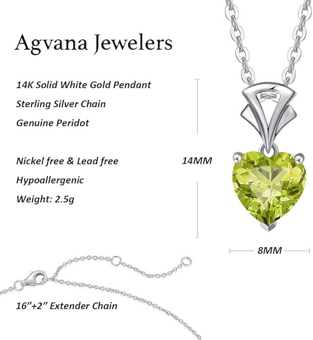 Agvana Valentines Day Gifts 14K White Gold Gemstone Pendant with Sterling Silver Chain 8mm Heart Birthstone Necklace for Women Fine Jewelry Anniversary Birthday Gifts for Women Mom Wife Girlfriend Her