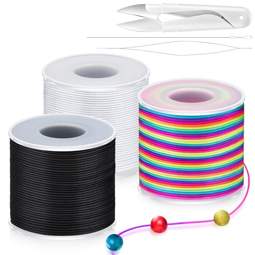 492 Ft Stretchy Bracelet String 1mm Elastic String for Bracelets 3 Roll Elastic String Elastic Cord for Jewelry Making Necklaces Beading Crafts with Scissors & Beading Needle(Rainbow, White, Black)