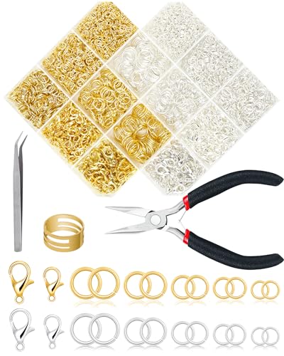 Fiveizero 2400pcs Jump Rings Kit for Jewelry Making with Gold/Silver Jump Rings,Lobster Clasps & Tools-Pliers,Tweezer,Opener for Necklace,Earrings,Charms Repair and DIY Craft Supplies ﻿