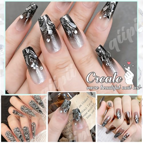 qiipii Black Diamond Nail Rhinestones Multi Shapes Crystals Flatback K9 Glass Dark Gray Stones Gems Round Beads Diamonds Jewels Charms for Nails Face Eyes Makeup Clothes Shoes Crafts Tumblers Bottles - color: Black Diamond, size: A Set