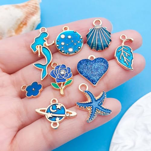 Youdiyla 60pcs Alloy Enamel Deep Blue Series Flower Butterfly Leaf Star Set Pendant Jewelry Making DIY Keychain Earrings Pendant Various Design Charms for Jewelry Making Bracelets Necklace (SN995) - color: SN995