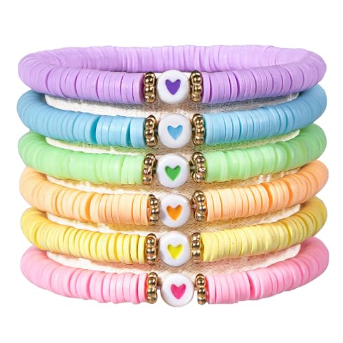 JIASHUYEYE Preppy Bracelets for Teen Girls - Stackable Boho Surfer Friendship Bracelets Set for Little Girls & Women - style: 6Pcs - Hearts C