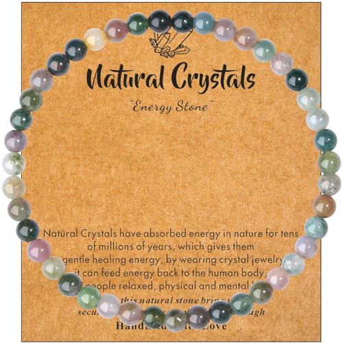 MAIBAOTA Healing Crystal Bracelet for Women Men, 8/4 mm Natural Stone Beaded Bracelets, Jewelry Birthday Gifts, Round Gemstones Stretch Bracelets - color: Multi-Indian Agate, size: 4 mm