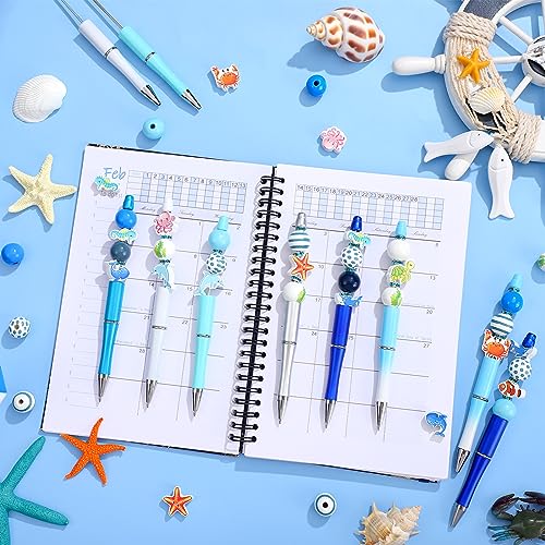 Colarr 24 Sets Plastic Beadable Pens DIY Pens Making Kit Assorted Wood Beads Crystal Spacer Black Ink Ballpoint for Women Crafts Office Family Gifts(Sea Animals) - style: Sea Animals