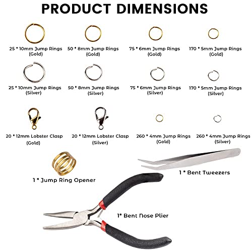Open Jump Rings and Lobster Clasps Jewelry Fixing Kit (1200 pcs Gold and Silver) with a Bent Nose Jump Ring Pliers, Tweezers, and a Jump Ring Opener (O Rings for Jewelry Making)
