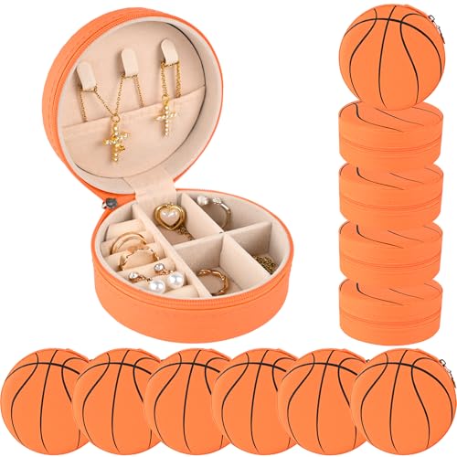 12-Pack Basketball Jewelry Box Bulk Team Gifts for Girls, Orange Round Mini Travel Jewelry Case Organizer for Basketball Players Coaches, Senior Night Tournament Gifting - style: Basketball