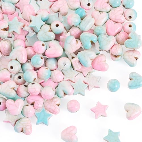 Craftdady 120Pcs Heart Beads Acrylic Round Star Crackle Beads Two Tone Imitation Turquoise Loose Bead Colorful Spacer Bead for Valentine Day Bracelet Necklace Earring DIY Crafts-3 Styles - color: Two Tone Color Crackle Bead