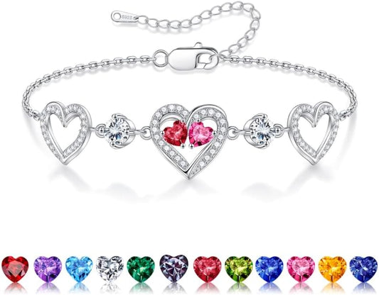 Iefil Valentines Day Gifts for Her - 925 Sterling Silver Heart Birthstone Bracelet Birthday Anniversary Jewelry Gifts for Her Wife
