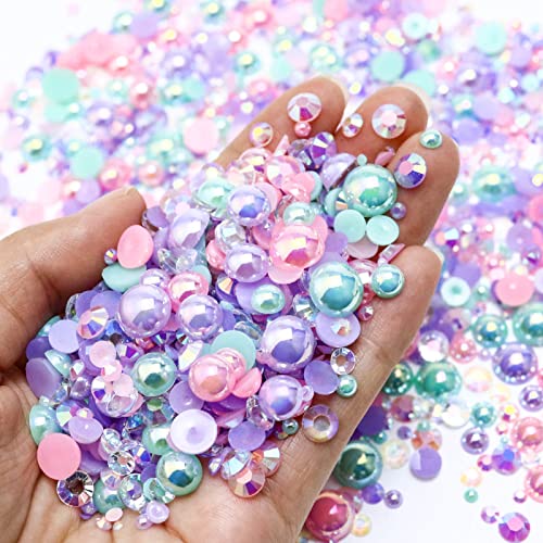 60g Mix Pearls and Half Pearls for Crafts, Tumblers, Shoes, Face Nail Art, 2mm-10mm Mix Pearl Rhinestones for Bedazzling, Pink|Purple|Aquamarine - color: Mermaid Tears Blend | Mix Pink | Purple | Aquamarine