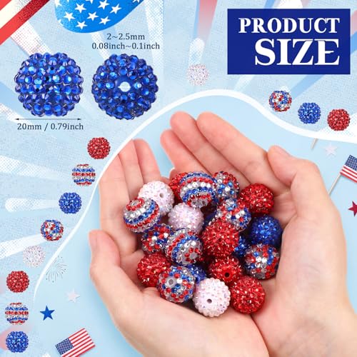 40 Pcs 20 mm Rhinestone Beads Bulk Crystal Round Disco Ball Chunky Bubblegum Beads for Pens Bracelets Charms Craft European Style Jewelry Making Supplies Christmas (4th of July Color) - color: 4th of July Color
