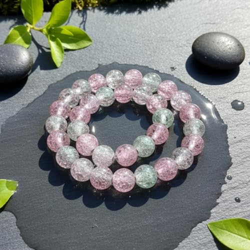 DandS ltd Crackle Lampwork Glass Beads for Jewelry Making, Pink & Green Strawberry Quartz, Vibrant DIY Bracelets, Beading Supplies & Craft Kits for Handmade Jewelry, 80pcs 0.39 inch (10mm), #J275-10 - color: Pink & Green Quartz