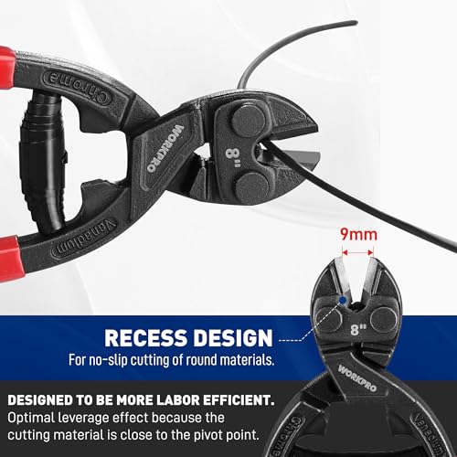 WORKPRO 8-inch Mini Bolt Cutter with Recess and Spring, Compact Bolt Cutters with Comfortable Soft Grip, Security Lock,CR-V Steel Blade for Wire, Cables, Chains, Small Screws