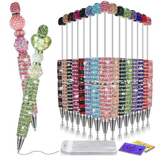 Tondiamo 45 Pcs Full Rhinestone Beadable Pens Bulk Set 15 Glitter Diamond Pens with Cards & Bags Fancy Beaded Pen for Beads DIY Cute Journalling Bling Ballpoint Craft Making(Stripe Diamonds) - style: Stripe Diamonds