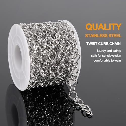 KYUNHOO 16.4 Feet Stainless Steel Jewelry Making Supplies for Men Women DIY Necklace Bracelet Crafts Silver Roll of Jewelry Rhombus Bulk Chain Links with Connectors for Handcraft Making - color: Twist Silver