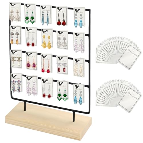Earring Display Stand for Selling, Wood Earring Rack Display Holder Stand, 4 Tier 20 Hooks Jewelry Display for Selling with 40pcs Earring Cards, Bracelets, Rings, Necklaces - color: Black