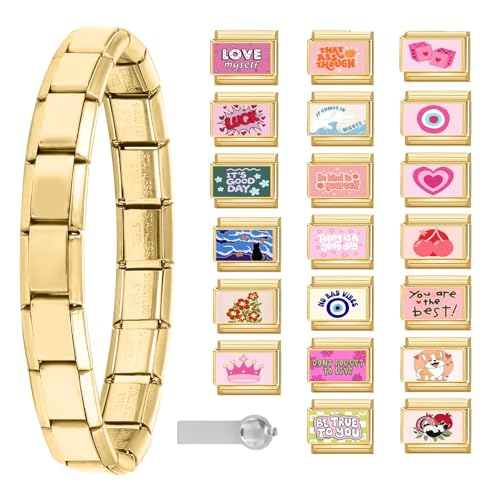 Italian Charms Bracelet Sets with 1Pcs Starter Brascelet 9Pcs Charms 9mm Italian Modular Charm Bracelet DIY Module Jewelry Gifts - color: A-Starter Bracelet Set-20Pcs Gold Pink