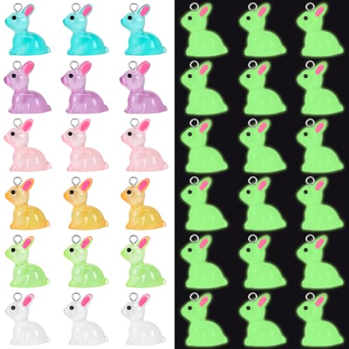 Augshy 64 Pcs Easter Rabbit Charms, Resin Bunnies Charms Luminous Rabbit Beads Easter Pendant Bulk Glow in The Dark Ornament for DIY Bracelet Necklace Earrings Jewelry Making Accessories Decorations - style: Easter Rabbit Style