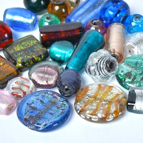 1 LB Bag of Assorted Glass Beads for Jewelry Making, Handmade Silver Foil Bead Mix for Bracelets and Necklaces, Crafting Beads Supplies Kit, Large Beads (Silver Foil Mix) - color: Silver Foil Mix