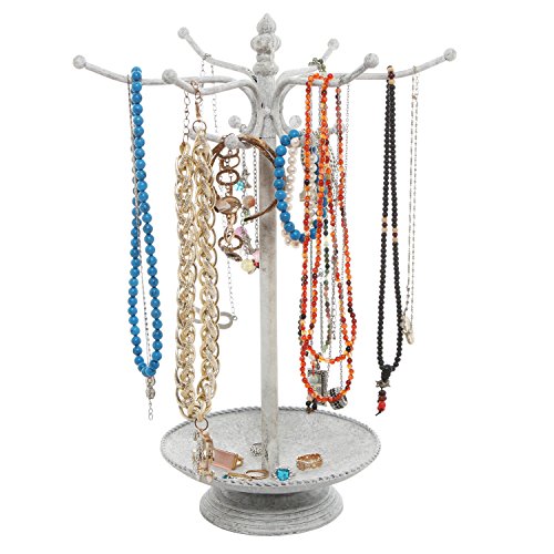 MyGift Vintage White Metal Necklace and Bracelet Organizer Jewelry Stand with 12 Hooks and Ring Dish Tray, Multipurpose Accessory and Keychain Holder Display Rack - color: White