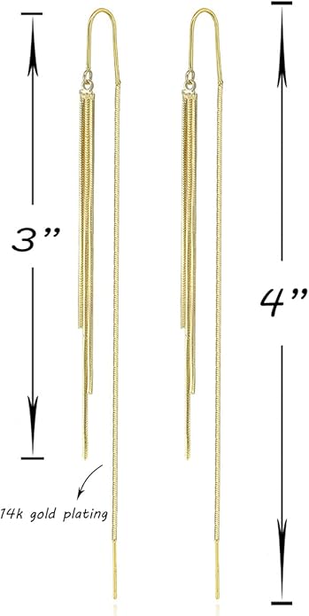 14K Gold Plated Threader Dangle Earrings Long Tassel Earrings Wedding Prom Earrings for Women Bridal