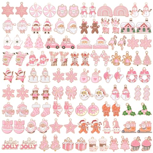 SANNIX 110Pcs/55 Pairs Christmas Charms, Pink Christmas Charm for Jewelry Making, Holiday Xmas Enamel Pendants for DIY Bracelet Necklaces Earrings Craft Supplies - style: Pink Christmas Charms
