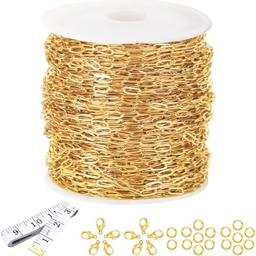 16Ft Stainless Steel Paperclip Chain for Jewelry Making, 2.5mm Width Gold Plated Paper Clip Link Chains Roll for DIY Necklace Bracelet Jewelry Making Supplies with Lobster Clasps Soft Tape Measure - color: Paperclip 2.5mm Gold with Soft Tape Measure