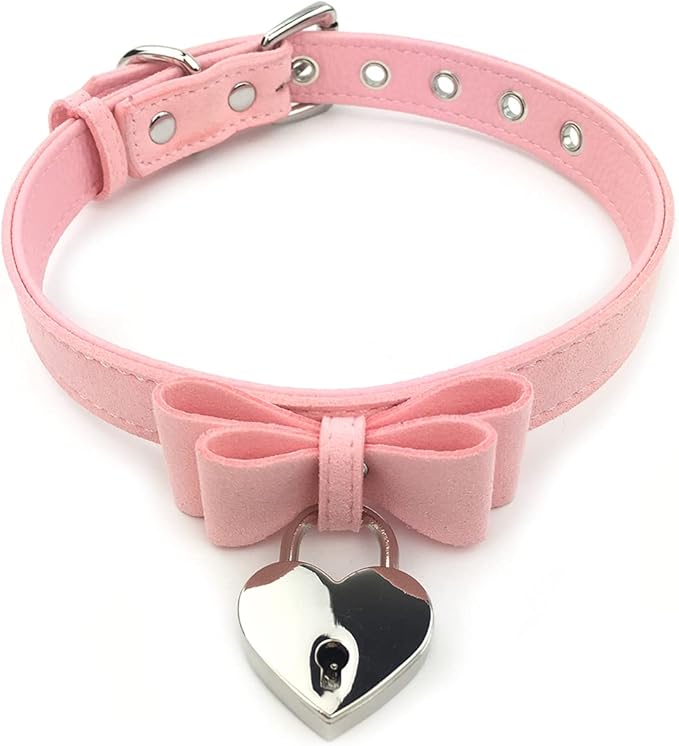 Destiny Love Bell Padlock Choker Collar Necklace Lolita Bow Collar Cat Kitty Velvet Necklace with Heart Lock and Key with Box for Women and Men