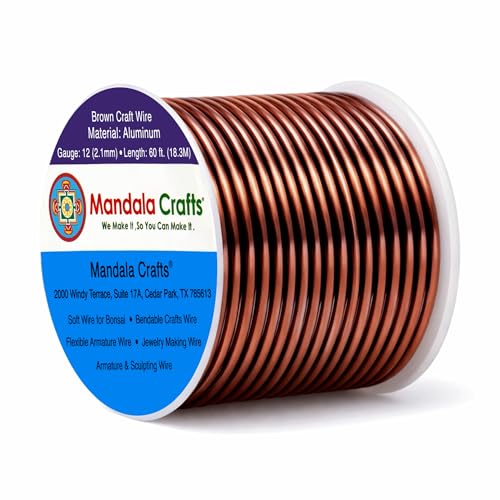 Mandala Crafts 12 Gauge Anodized Aluminum Craft Wire for Jewelry Making - 60 FT Colored Flexible Brown Wire - Bendable for Bonsai Armature Crafting Sculpting - color: Brown, size: 12 Gauge