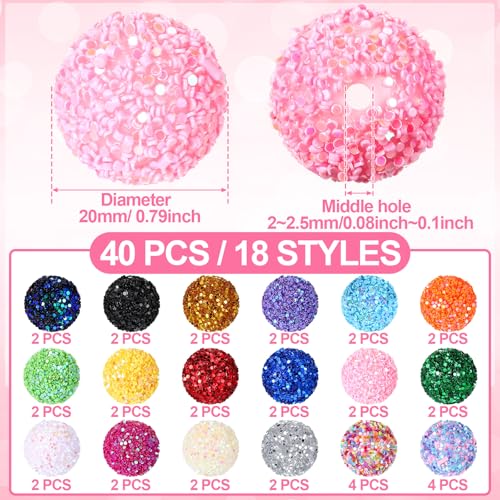40 Pcs 20 mm Rhinestone Beads Bulk Crystal Round Disco Ball Chunky Bubblegum Beads for Pens Bracelets Charms Craft European Style Jewelry Making Supplies Christmas(Glitter) - color: glitter