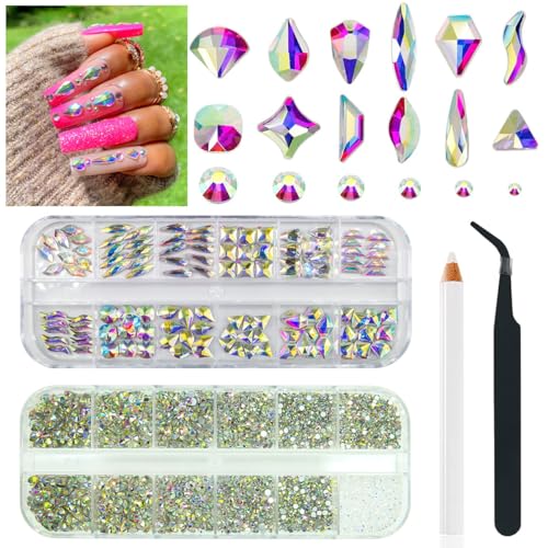 qiipii 4080Pcs Crystal AB Nail Rhinestones Multi Shapes Flatback Crystal White AB Gems Round Beads K9 Glass Stones Diamonds jewels Nail Art Supplies Nail Charms for Nails Faces Eyes Makeup DIY Crafts - color: Crystal AB, size: B Set