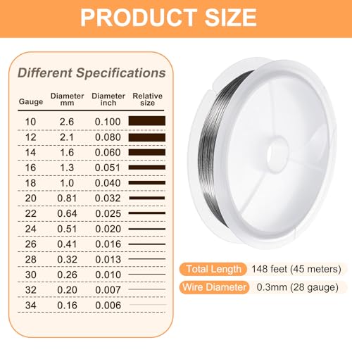 HARFINGTON Craft Wire 148ft Length 28 Gauge Stainless Steel Craft Jewelry Wrapping Wire Tarnish Resistant Beading for Jewelry Making Supplies Crafting, Silver - size: 28 Gauge X 148ft