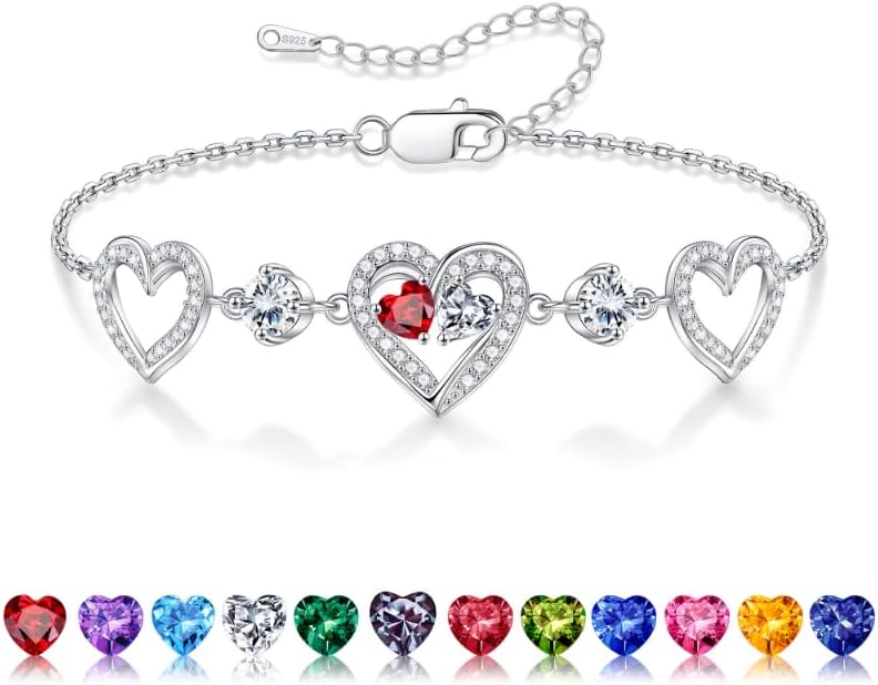 Iefil Valentines Day Gifts for Her - 925 Sterling Silver Heart Birthstone Bracelet Birthday Anniversary Jewelry Gifts for Her Wife