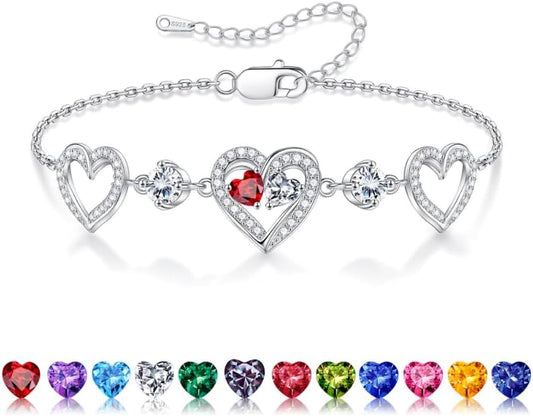 Iefil Valentines Day Gifts for Her - 925 Sterling Silver Heart Birthstone Bracelet Birthday Anniversary Jewelry Gifts for Her Wife