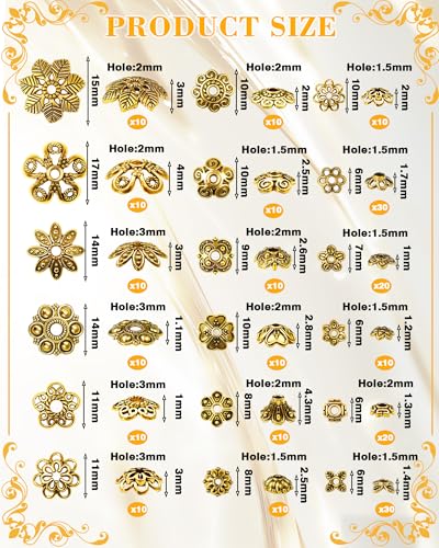 FIVEIZERO 240Pcs Gold Flower Bead Caps for Jewelry Making, 18 Styles Filigree Spacer Caps, Multi-Petal Design, 6mm–16mm for Earrings, Bracelets & Necklaces - color: Gold
