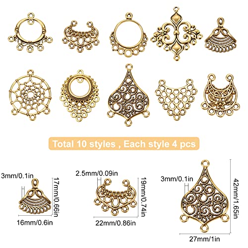 SUNNYCLUE 1 Box 10 Styles Chandelier Connector Charms Component Links Alloy Hollow Filigree Pendants Flat Round Teardrop Triangle Shape for Jewelry Making Earring Supplies,Antique Gold - color: 40pcs 10 Styles Antique Golden