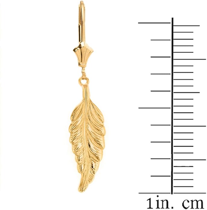Solid 14k Yellow Gold Bohemia Leaf Feather Necklace and Earring Set