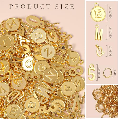 LEOBRO Letter Charms, 376 Pcs Gold Charms for Jewelry Making, Bracelet Necklace Charm & Jump Rings, Jewelry Making Supplies, Gold - color: Gold