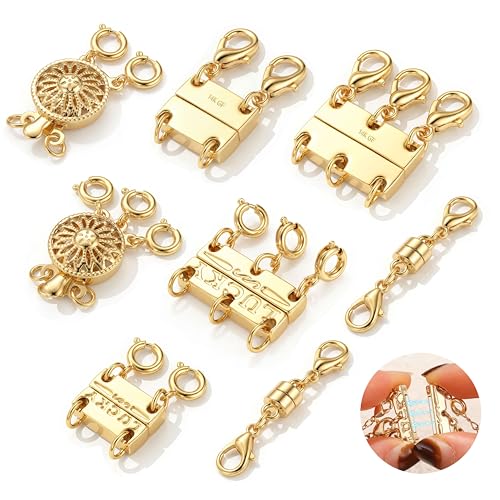 GEMQUEEN Multi Magnetic Necklace Clasps and Closures : 14K Gold Plated Magnet Jewelry Layering Clasp for Necklaces Multiple Magnets Bracelet Helper Necklace Extenders 8PCS - color: 14K Gold Plated -8PCS