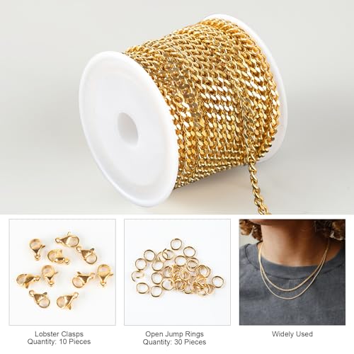 Kyutong 16.4 Feet Gold Plated Craft Chains for Jewelry Making Stainless Steel Curb Chain Roll for Women Men Necklace Bracelet DIY Supplies Findings - color: Gold Curb