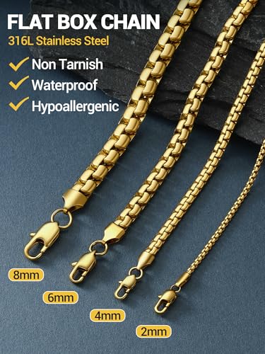 PROSTEEL Stylish Stainless Steel Flat Box Link Chain Necklace for Men, Silver/Gold/Black Tone, Hypoallergenic Jewelry, 14"-30", Come with Box - size: 30 inch(76cm), style: 2mm-Luxury Gold