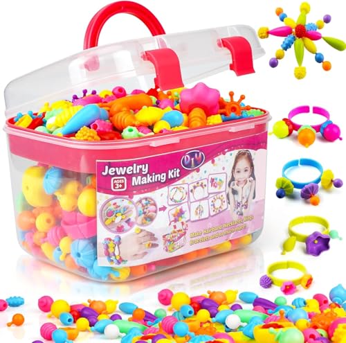FUNZBO 520+ Snap Pop Beads - Jewelry Making Kit, Arts and Crafts for Kids Ages 4-8, Toys for 3 4 5 6 Years Old Girls Birthday Gifts Ideas, Bracelet Necklace Ring Set for Little Girls - size: Medium