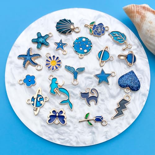Youdiyla 60pcs Alloy Enamel Deep Blue Series Flower Butterfly Leaf Star Set Pendant Jewelry Making DIY Keychain Earrings Pendant Various Design Charms for Jewelry Making Bracelets Necklace (SN995) - color: SN995