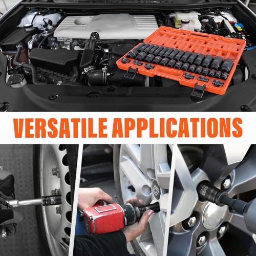 1/2 Drive Impact Socket Set, 35 PCS Metric Shallow (8mm-32mm) & Deep (10-32mm) Sizes, 6 Point, CR-MO Alloy Steel Axle Nut Socket for Auto Repair - size: 1/2" Deep&standard 35pc